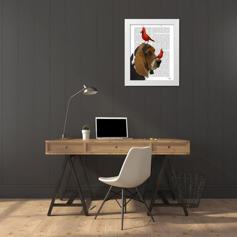 Basset Hound and Birds White Modern Wood Framed Art Print by Fab Funky