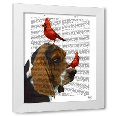 Basset Hound and Birds White Modern Wood Framed Art Print by Fab Funky