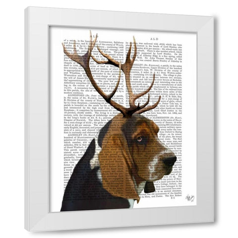 Basset Hound and Antlers White Modern Wood Framed Art Print by Fab Funky