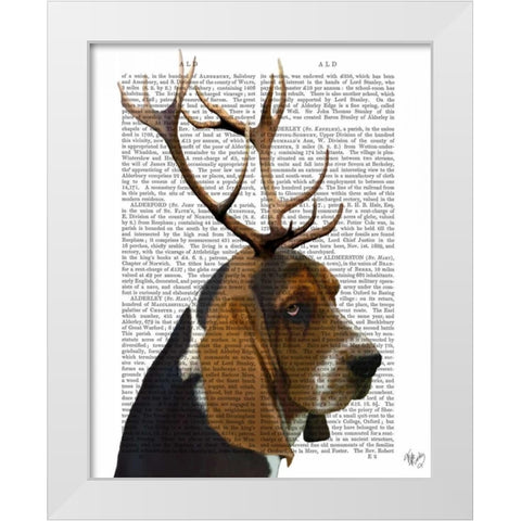 Basset Hound and Antlers White Modern Wood Framed Art Print by Fab Funky