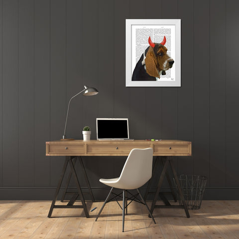 Basset Hound and Devil Horns White Modern Wood Framed Art Print by Fab Funky