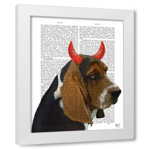 Basset Hound and Devil Horns White Modern Wood Framed Art Print by Fab Funky