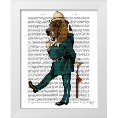 Basset Hound Policeman White Modern Wood Framed Art Print by Fab Funky