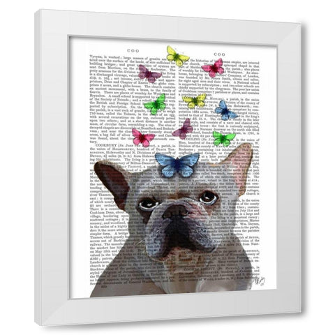 White French Bulldog and Butterflies White Modern Wood Framed Art Print by Fab Funky