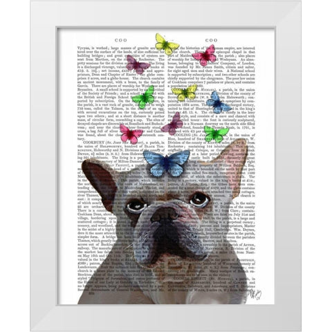 White French Bulldog and Butterflies White Modern Wood Framed Art Print by Fab Funky