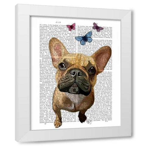 Brown French Bulldog and Butterflies White Modern Wood Framed Art Print by Fab Funky