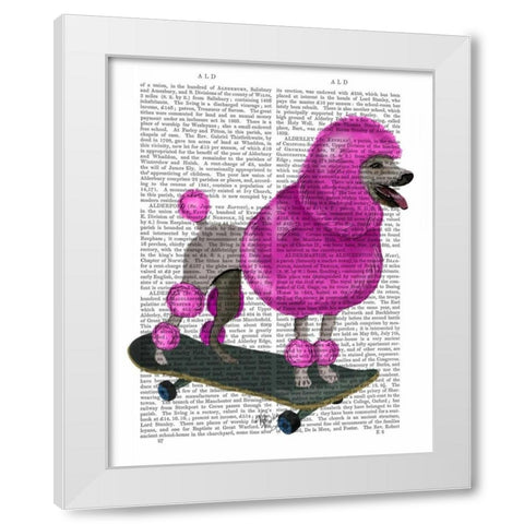Pink Poodle and Skateboard White Modern Wood Framed Art Print by Fab Funky