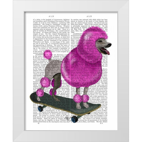 Pink Poodle and Skateboard White Modern Wood Framed Art Print by Fab Funky