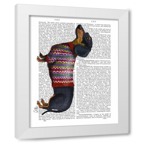 Dachshund With Woolly Sweater White Modern Wood Framed Art Print by Fab Funky