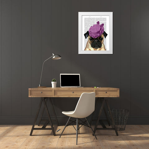 Pug with Vintage Purple Hat White Modern Wood Framed Art Print by Fab Funky