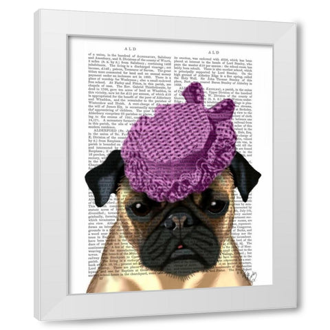 Pug with Vintage Purple Hat White Modern Wood Framed Art Print by Fab Funky