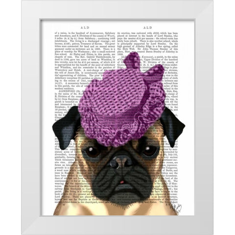 Pug with Vintage Purple Hat White Modern Wood Framed Art Print by Fab Funky