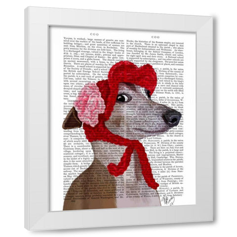 Greyhound with Red Woolly Hat White Modern Wood Framed Art Print by Fab Funky