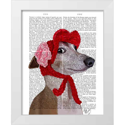Greyhound with Red Woolly Hat White Modern Wood Framed Art Print by Fab Funky