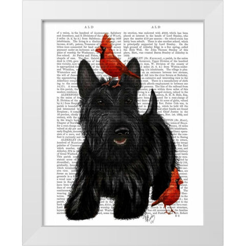 Scottish Terrier and Birds White Modern Wood Framed Art Print by Fab Funky