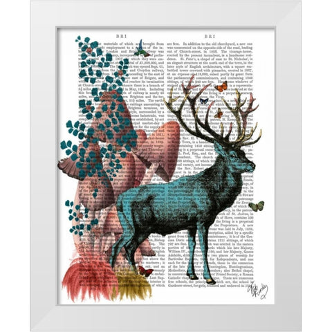 Turquoise Deer in Mushroom Forest White Modern Wood Framed Art Print by Fab Funky