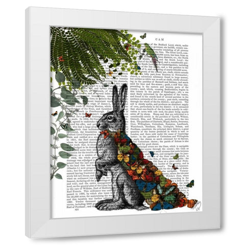 Hare with Butterfly Cloak White Modern Wood Framed Art Print by Fab Funky