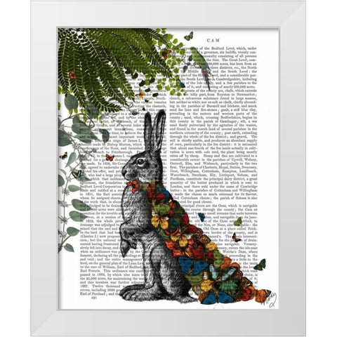 Hare with Butterfly Cloak White Modern Wood Framed Art Print by Fab Funky