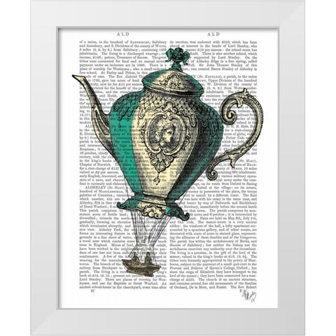 Flying Teapot 1 Green and Yellow White Modern Wood Framed Art Print by Fab Funky