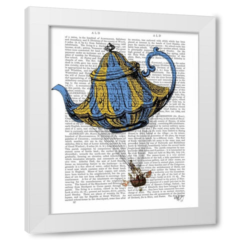 Flying Teapot 3 Blue and Yellow White Modern Wood Framed Art Print by Fab Funky