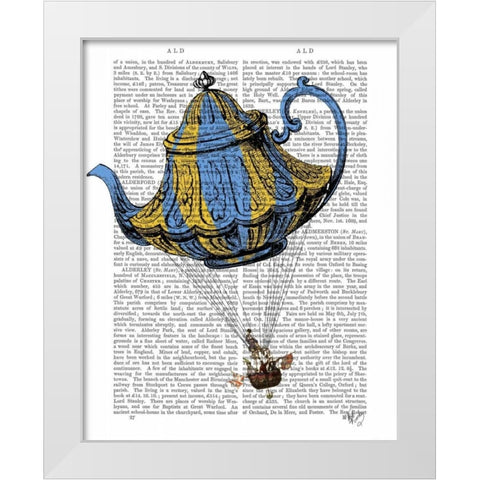 Flying Teapot 3 Blue and Yellow White Modern Wood Framed Art Print by Fab Funky