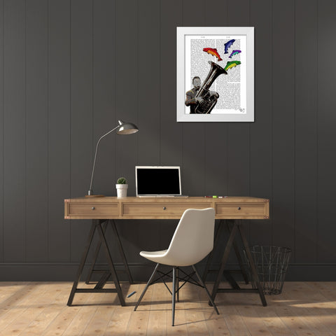 Tuba And Fish White Modern Wood Framed Art Print by Fab Funky