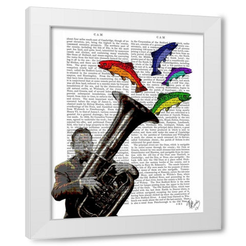 Tuba And Fish White Modern Wood Framed Art Print by Fab Funky
