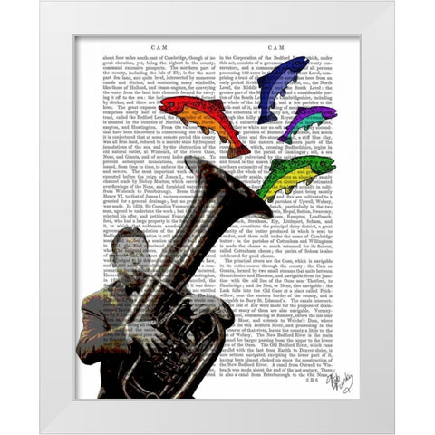 Tuba And Fish White Modern Wood Framed Art Print by Fab Funky