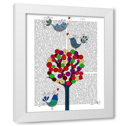 Button Tree and Birds Blue White Modern Wood Framed Art Print by Fab Funky