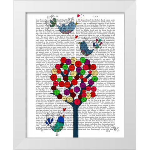 Button Tree and Birds Blue White Modern Wood Framed Art Print by Fab Funky