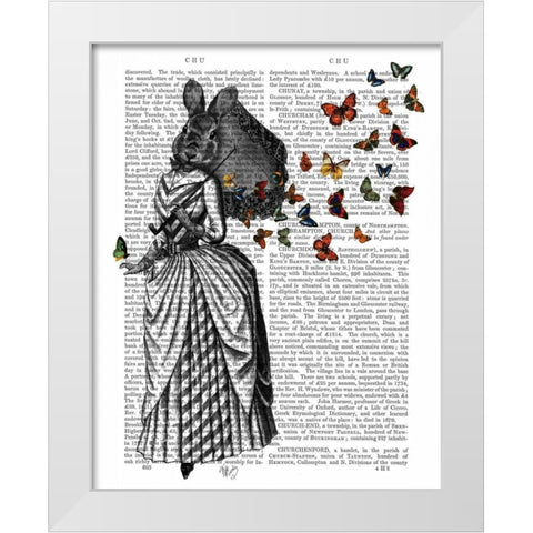 Rabbit and Butterfly Parasol White Modern Wood Framed Art Print by Fab Funky