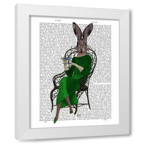 Lady Bella Rabbit Taking Tea White Modern Wood Framed Art Print by Fab Funky