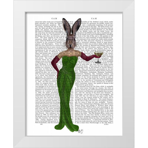 Rabbit Green Dress White Modern Wood Framed Art Print by Fab Funky