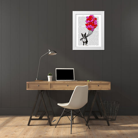 Boston Terrier And Balloons White Modern Wood Framed Art Print by Fab Funky