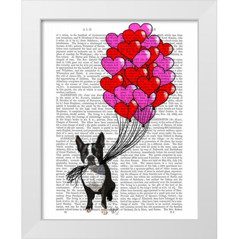 Boston Terrier And Balloons White Modern Wood Framed Art Print by Fab Funky