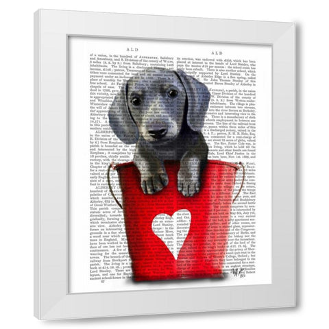Buckets of Love Dachshund Puppy White Modern Wood Framed Art Print by Fab Funky