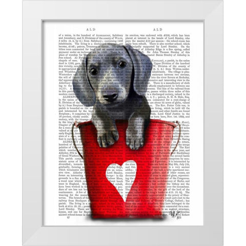 Buckets of Love Dachshund Puppy White Modern Wood Framed Art Print by Fab Funky