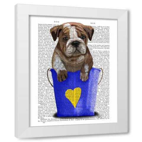 Bulldog Bucket Of Love Blue White Modern Wood Framed Art Print by Fab Funky