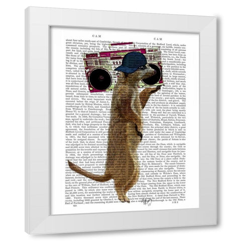 Meerkat with Boom Box Ghetto Blaster White Modern Wood Framed Art Print by Fab Funky