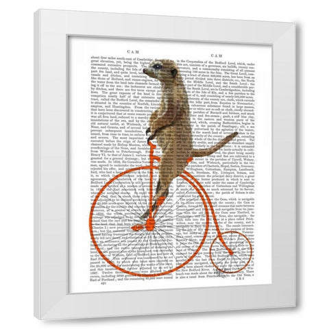 Meerkat on Orange Penny Farthing White Modern Wood Framed Art Print by Fab Funky
