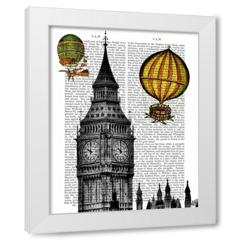 Big Ben and Vintage Hot Air Balloons White Modern Wood Framed Art Print by Fab Funky