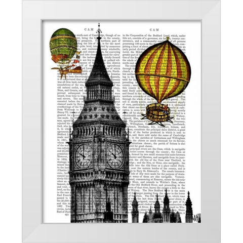 Big Ben and Vintage Hot Air Balloons White Modern Wood Framed Art Print by Fab Funky
