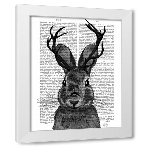 Jackalope with Grey Antlers White Modern Wood Framed Art Print by Fab Funky