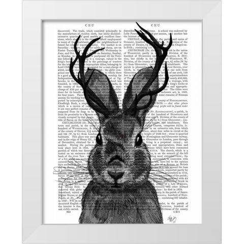 Jackalope with Grey Antlers White Modern Wood Framed Art Print by Fab Funky