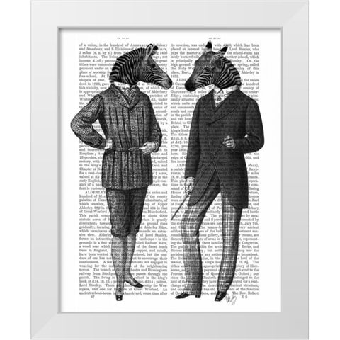Two Zebra Gentlemen White Modern Wood Framed Art Print by Fab Funky