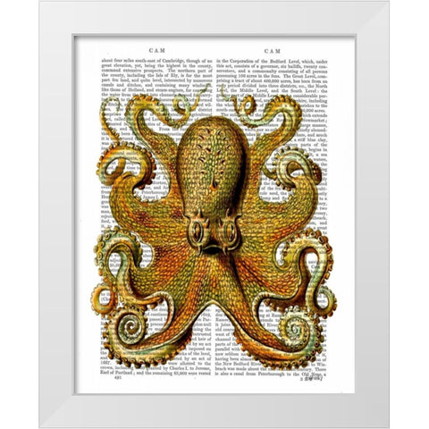Vintage Yellow Octopus Front White Modern Wood Framed Art Print by Fab Funky