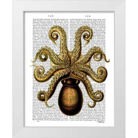 Vintage Yellow Octopus Underside White Modern Wood Framed Art Print by Fab Funky