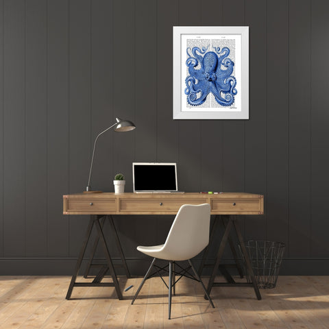 Vintage Blue Octopus 1  Front White Modern Wood Framed Art Print by Fab Funky