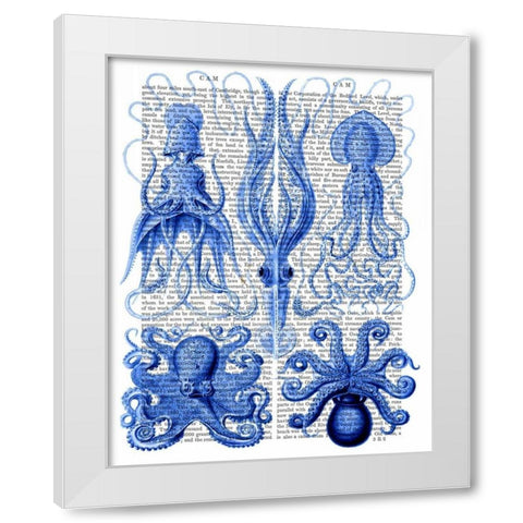 Octopus and Squid Blue White Modern Wood Framed Art Print by Fab Funky