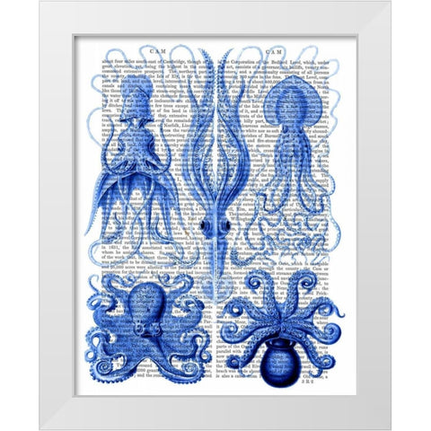 Octopus and Squid Blue White Modern Wood Framed Art Print by Fab Funky